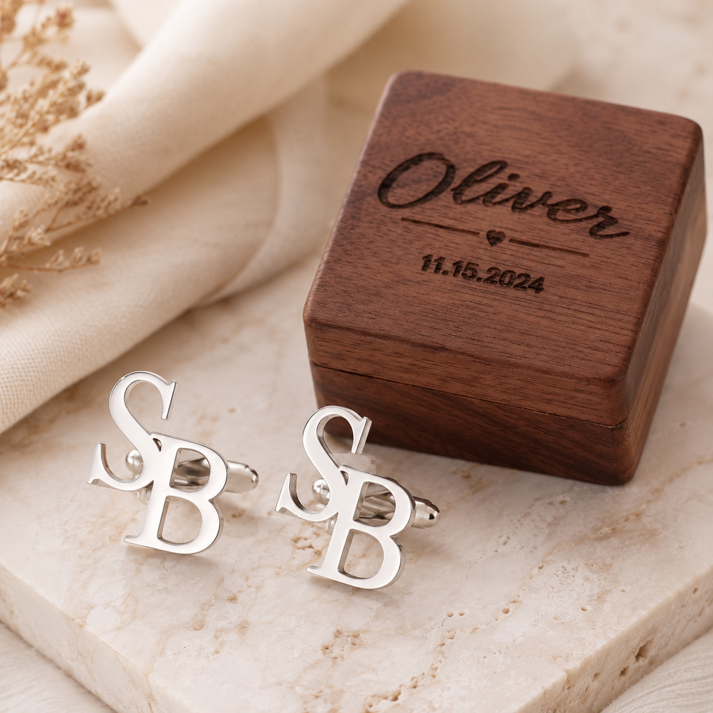Custom Initials Cufflinks with Wooden Box