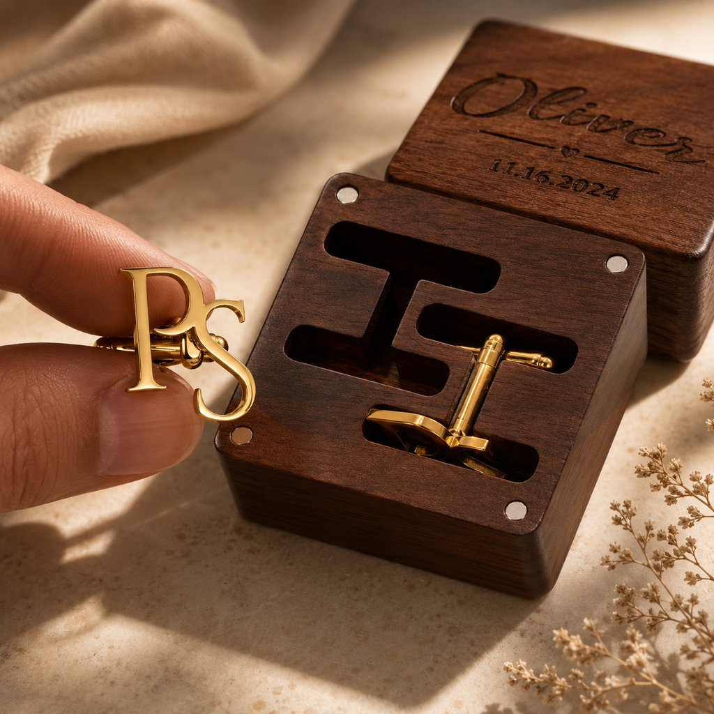 Custom Initials Cufflinks with Wooden Box