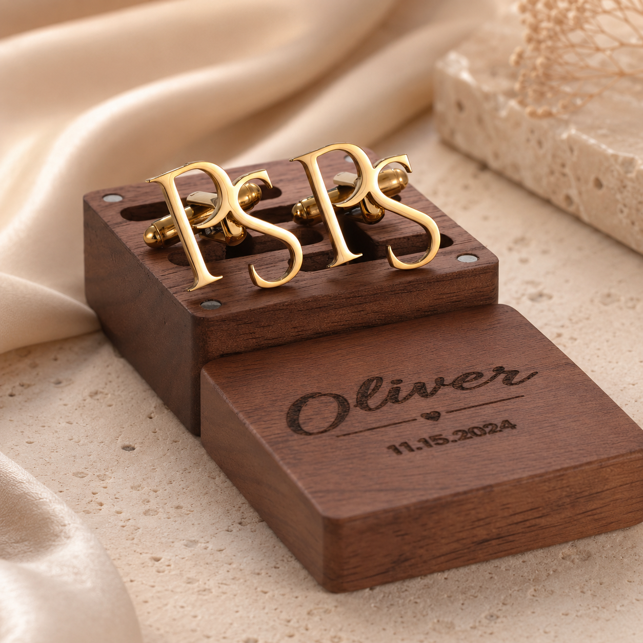 Custom Initials Cufflinks with Wooden Box