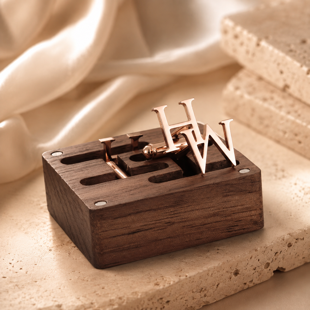Custom Initials Cufflinks with Wooden Box