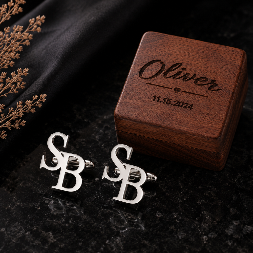 Custom Initials Cufflinks with Wooden Box