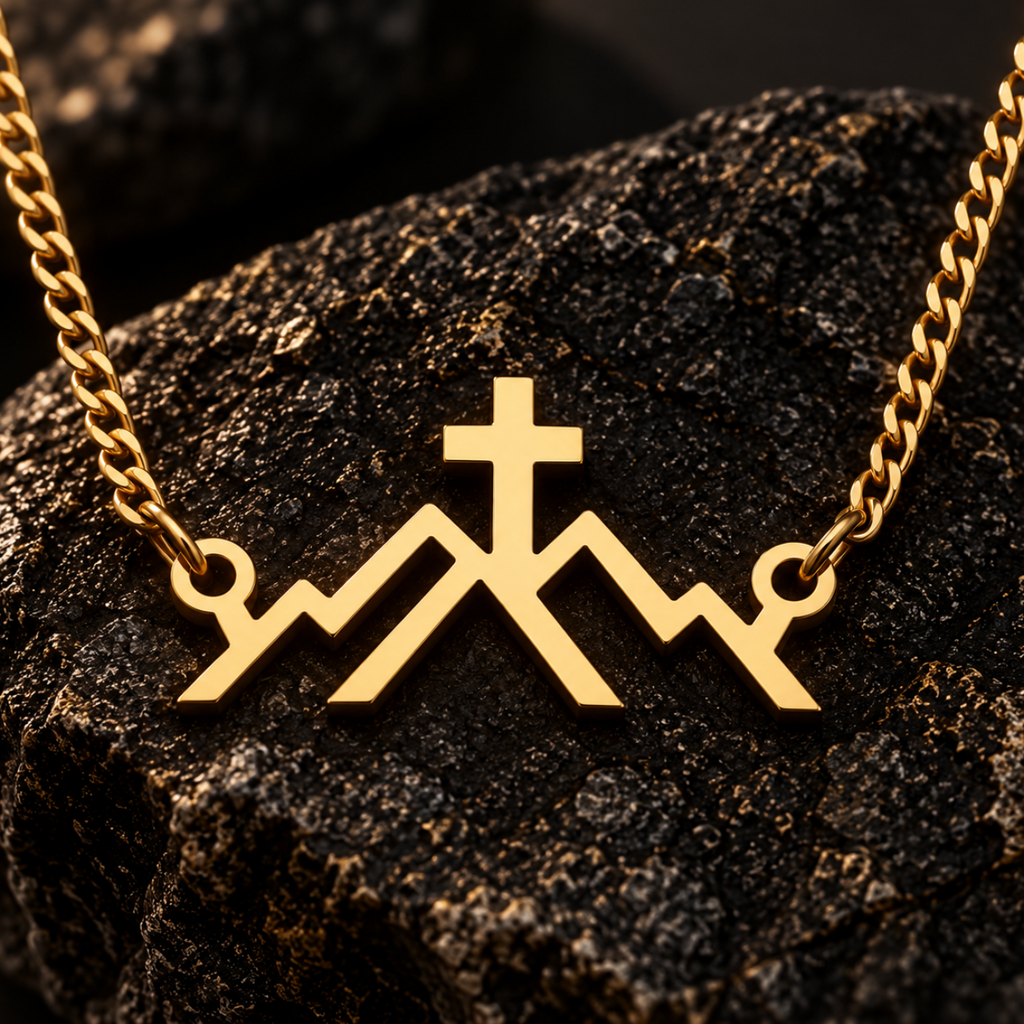 A gold-toned chain necklace with a pendant shaped like stylized mountains and a cross, displayed on a dark textured rock against a dark background.