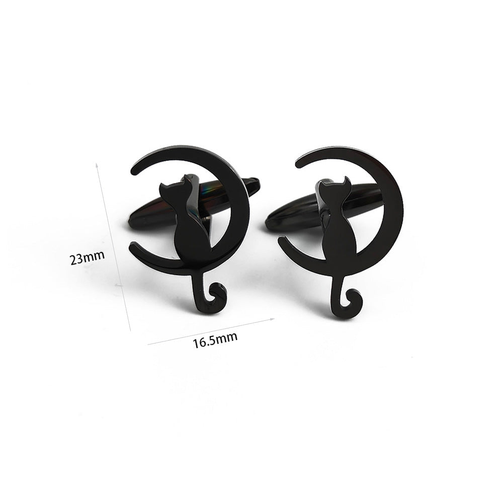 Black cufflinks with measurements and material information on a white background