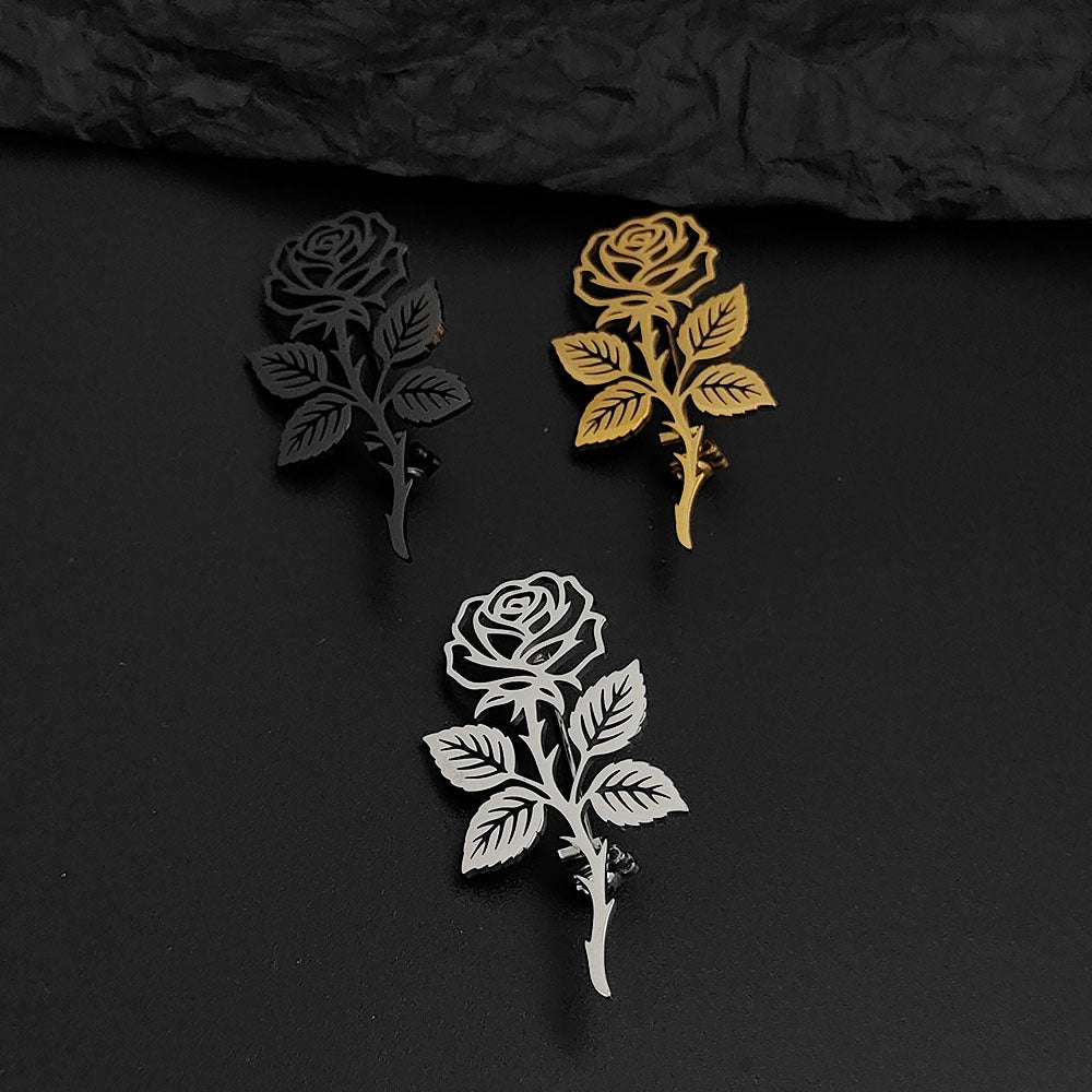 Long Stem Rose Brooch Pin
