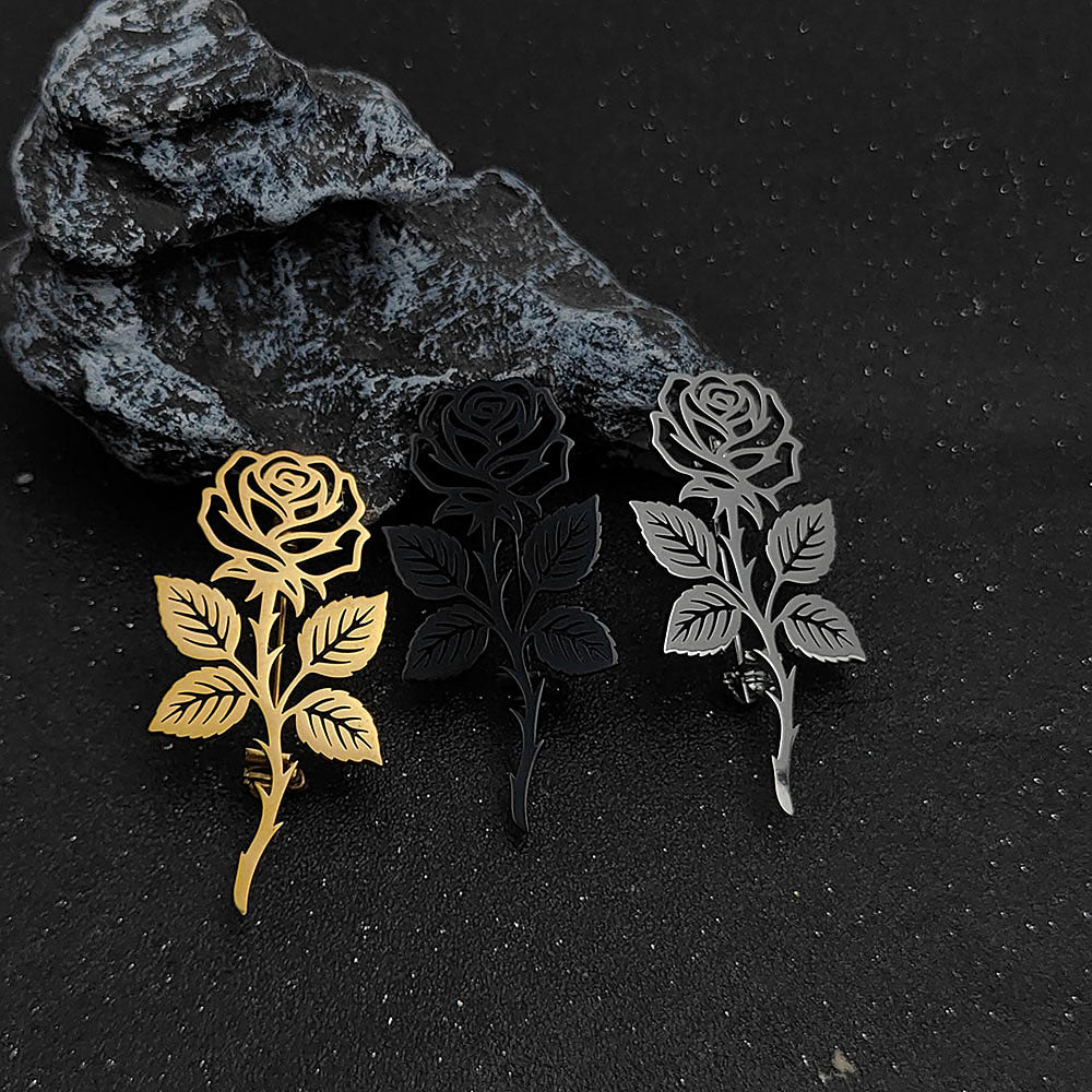 Long Stem Rose Brooch Pin