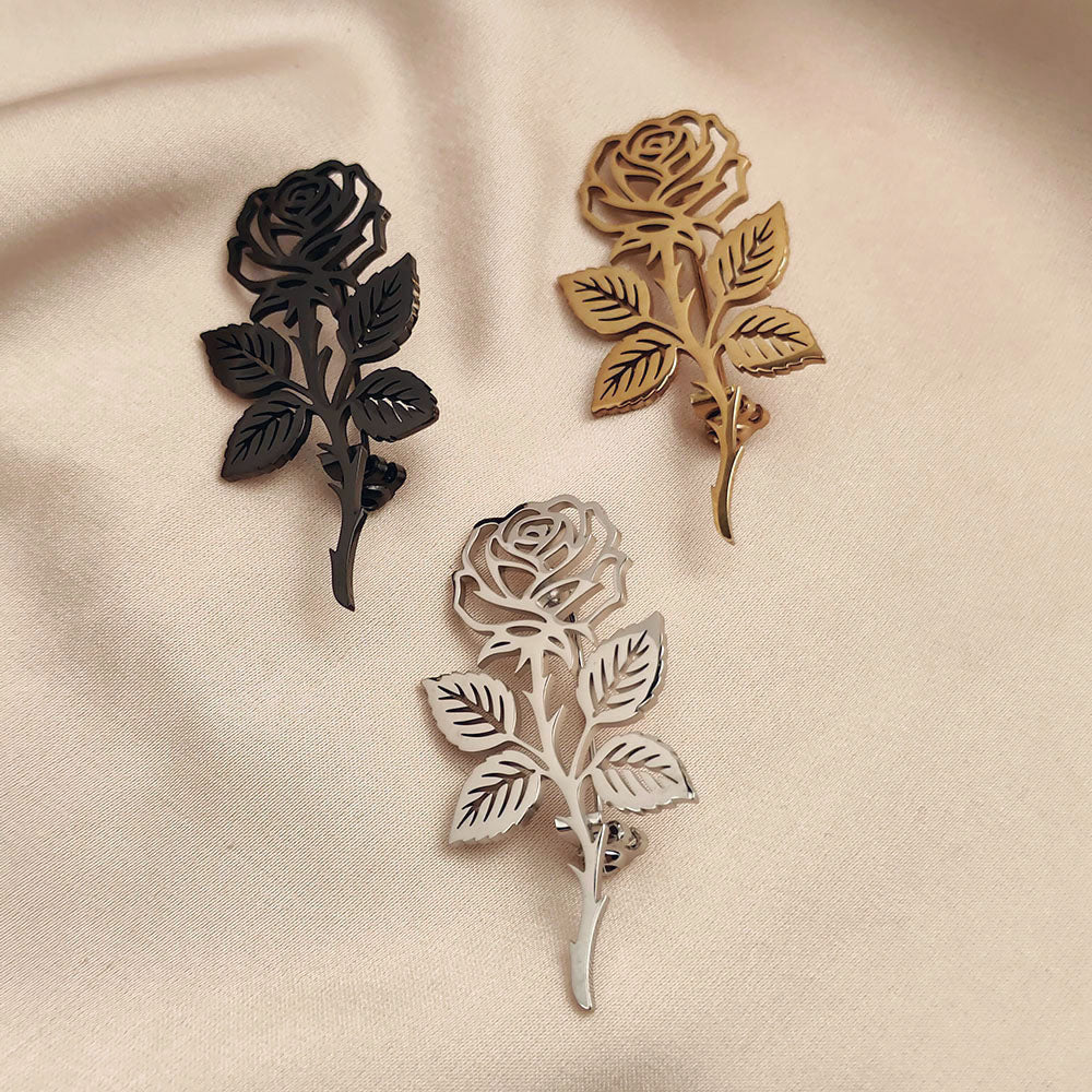 Long Stem Rose Brooch Pin