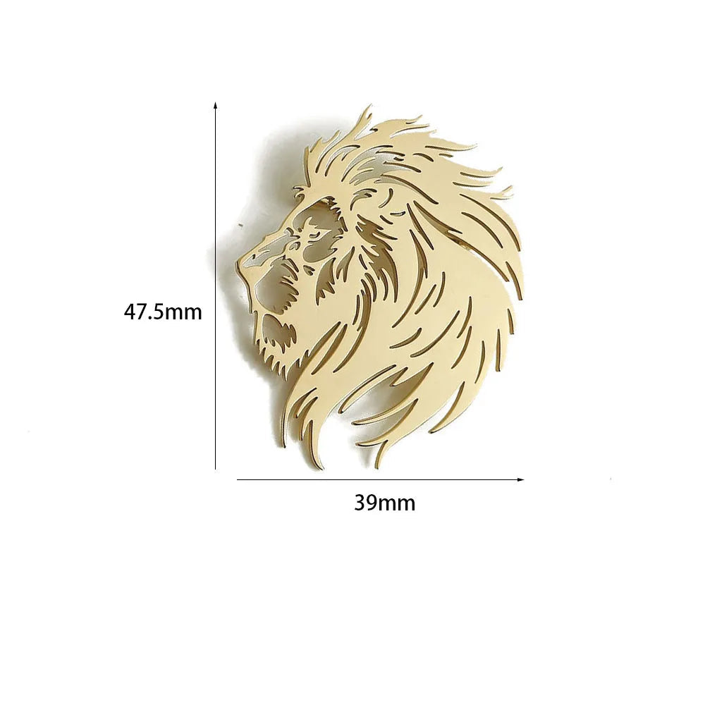 Laser cut metal lion head decoration with dimensions on a white background